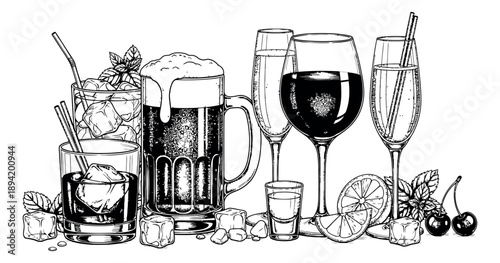 Hand drawn line art alcoholic drinks set featuring beer, wine, champagne, whiskey, and cocktails with garnishes for bar menus and party invitations