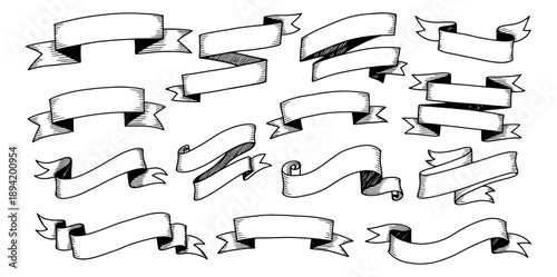 Hand drawn line art vintage ribbon banners set featuring various scroll shapes for decorative design elements