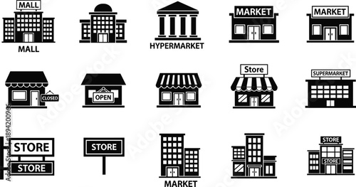 Store and market building vector icons set, mall, supermarket, shop, retail storefronts, commercial architecture, business signage illustration