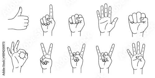 Hand drawn line art hand gestures set featuring various human hand poses for communication and expression