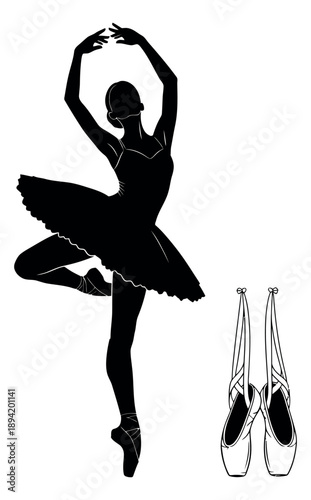Graphic silhouette and line art ballet set featuring a dancing ballerina and pointe shoes for performing arts and dance themes