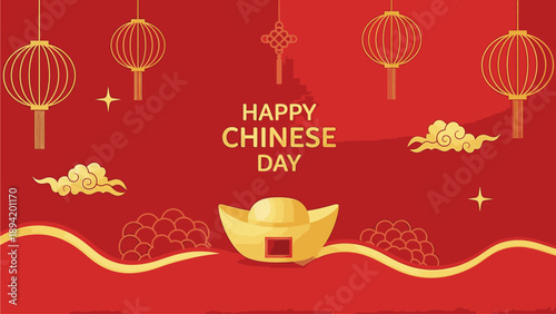 Flat lay of a vibrant red background with gold Chinese New Year decorations and 'HAPPY CHINESE DAY' text in a festive and celebratory mood.