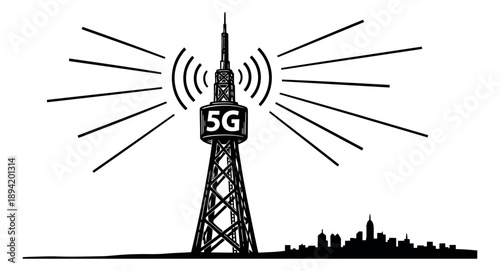 Line art illustration of a 5G cellular tower depicting high speed wireless signals for modern urban telecommunications