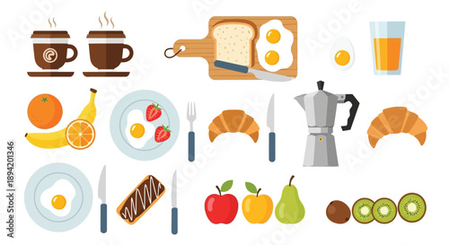 Breakfast assortment featuring coffee fruit pastries and classic breakfast items