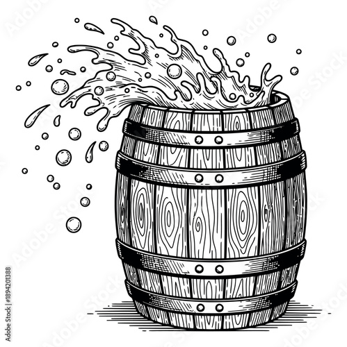 Hand drawn line art illustration of a wooden barrel depicting splashing liquid and bubbles for beverage branding