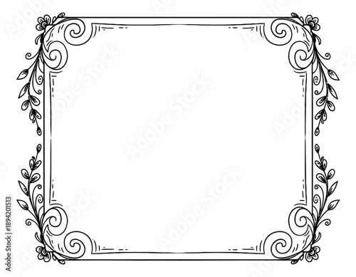 Vintage hand drawn illustration of a rectangular border depicting floral scrolls for invitation designs