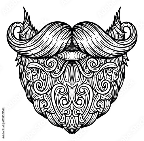 Hand drawn line art illustration of an ornate beard and mustache depicting intricate swirl patterns for masculine grooming