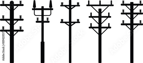 Collection of five black silhouette utility poles with insulators and wires on a white background Keywords: utility pole, power pole, electricity pole, telephone pole, transmission pole
