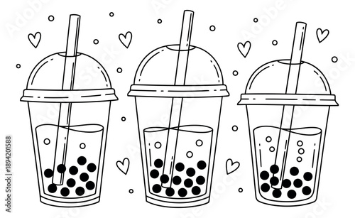 Hand drawn line art bubble tea cups set featuring tapioca pearls and straws for beverage menu design