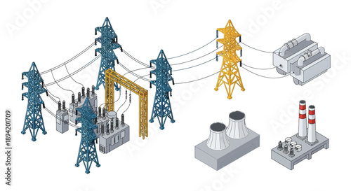Isometric illustration of a power plant and electrical transmission infrastructure