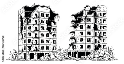 Line art damaged building set featuring crumbling residential structures with debris for themes of war, disaster, and urban decay