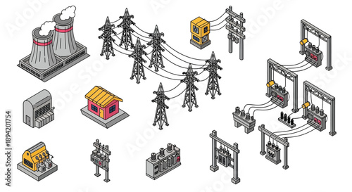 Isometric illustration of industrial power plant infrastructure and electrical systems