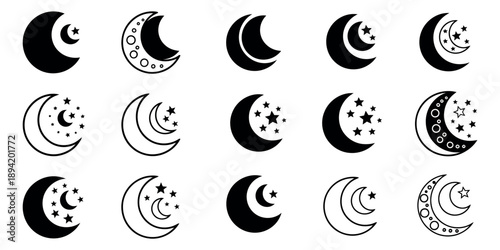 Stylized celestial icon set featuring various designs of crescent moons and stars for night and space themes