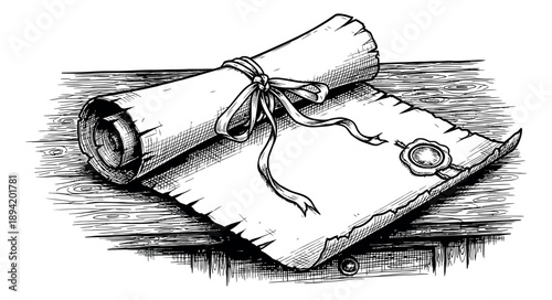 Hand drawn line art illustration of an ancient parchment scroll depicting it partially unrolled, tied with a ribbon, and sealed with wax for historical documents or old maps