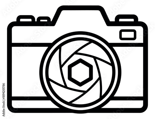 Line art illustration of a camera depicting an open aperture for photography concepts