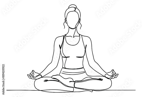 Continuous line art illustration of a woman depicting yoga meditation for health and wellness