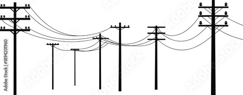 Multiple black silhouette utility poles with wires stretching between them against a white background Keywords: utility pole, power pole, electricity pole, telephone pole, infrastructure