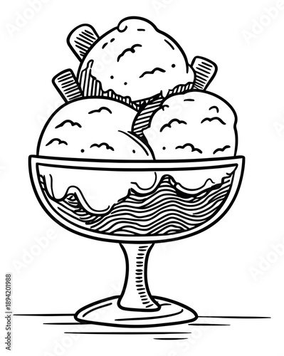 Hand drawn line art illustration of an ice cream sundae depicting scoops and melting sauce for a sweet dessert treat