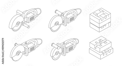 Isometric illustrations of power cutters and concrete blocks