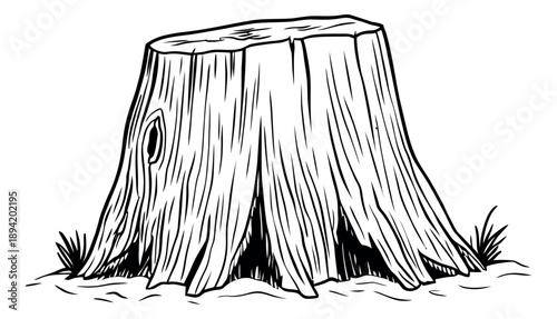Hand drawn line art illustration of a tree stump depicting rough wood texture and a knot for nature concepts
