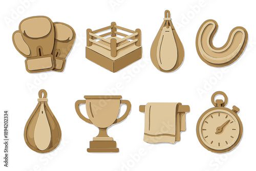 Boxing equipment flat icon set. featuring gloves, ring, punching bag, mouthguard, speed bag, trophy, towel, stopwatch