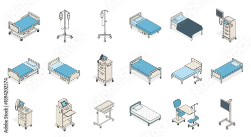 Isometric hospital equipment collection including beds monitors and medical carts