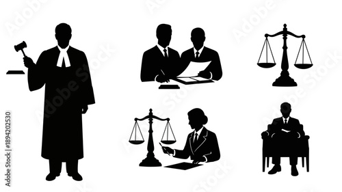Legal professionals and symbols of justice in a black silhouette style
