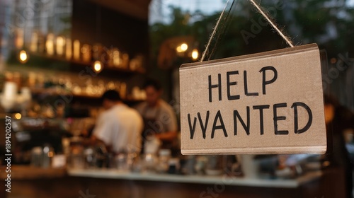 A help wanted sign hangs in a bustling cafe with employees working in the background.