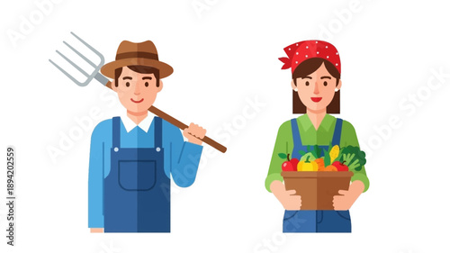 A farmer and a farmworker with fresh produce and tools