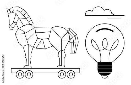 Cybersecurity, innovation, strategy, online threats, creativity, and technology. Geometric Trojan horse beside a light bulb icon. Cybersecurity and innovation concepts visually