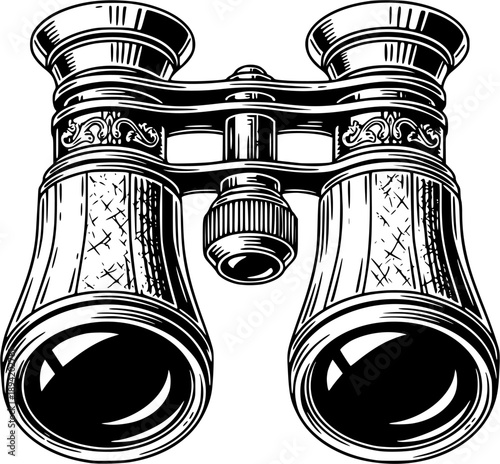 Elegant woodcut style illustration featuring vintage opera glass