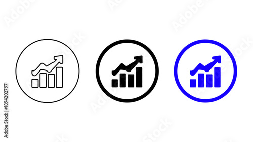 Growth bar chart with upward arrow icon in circle frame with outline black solid and blue styles for business success and financial data analytics
