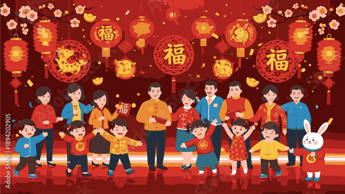 Illustration of a diverse group of people, including children and adults, standing together with red lanterns and decorations in the background, conveying a festive and celebratory mood.