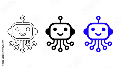 Friendly AI chatbot robot icon in outline black solid and blue styles representing virtual assistant artificial intelligence and neural network technology