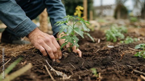 Person planting trees or working in community garden promoting local food production and habitat restoration, concept of Sustainability and Community Engagement