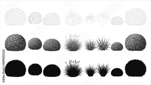 Architectural grass linework set silhouettes, sections, and turf details for CAD drawings.eps