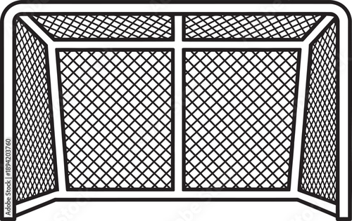 Professional black outline vector of a sports goal with a detailed diamond mesh net. Minimalist flat design perfect for soccer, hockey, or handball team branding, tournament logos, and field graphics.
