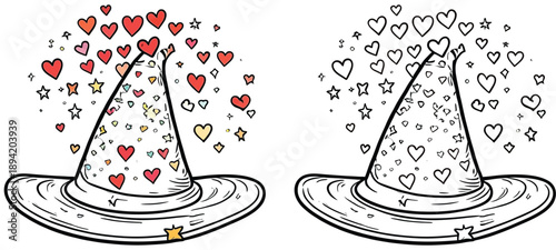 A magical wizard hat with stars and exploding hearts Adorable vector picture of a cartoon For coloring book pages