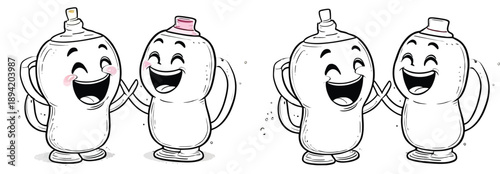 Cartoon bottle figures are laughing and giving each other high fives white outline and colored accents for coloring book pages or creative designs