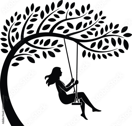 Silhouette of a woman swinging on a swing suspended from a large tree with many leaves against a white background