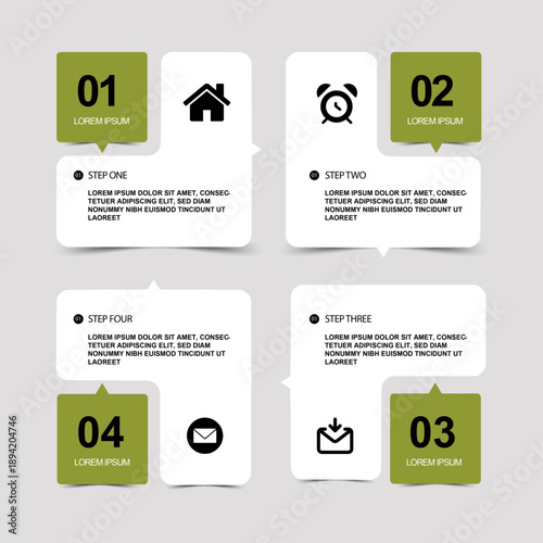 Infographic with Steps: Clean infographic presents four steps with icons and text bubbles, designed for concise information and visual clarity.
