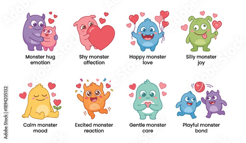 Cute monster characters expressing various emotions and affection
