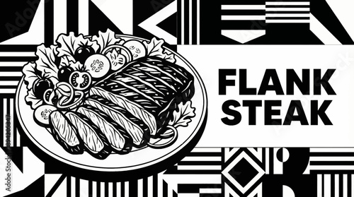 flank steak slices paired with fresh salad vegetables and herb seasoning monochrome vector illustration, ideal for healthy food branding visuals