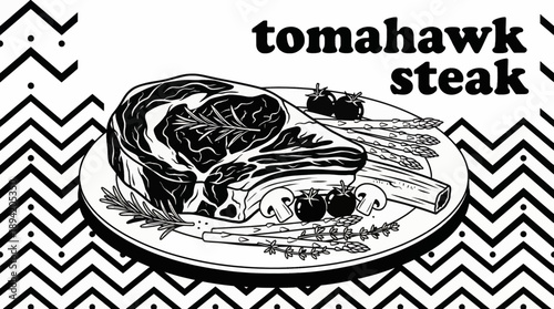 tomahawk steak featuring vegetable garnish and herb topping, designed for premium steakhouse visuals detailed black and white vector illustration