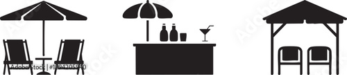 Silhouette icons of outdoor furniture and bar beach rest and refreshment