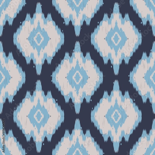 Watercolor ikat boho tribal pattern. Illustration colorful blue ikat abstract motif seamless pattern. Ethnic ikat geometric pattern use for fabric, textile, home decoration elements, upholstery, etc.