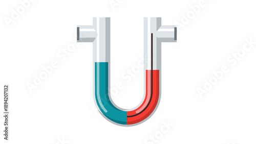 A U-shaped glass tube filled with red and blue liquids on a white background with a shallow depth of field.