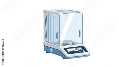 Laboratory scale with digital display and glass enclosure on a white background.