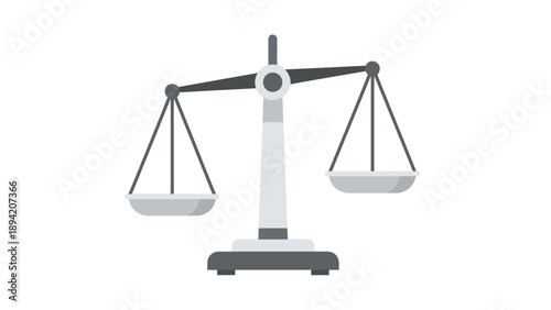 A white and gray balance scale with two empty pans on a plain white background, shot from the front with a neutral mood.