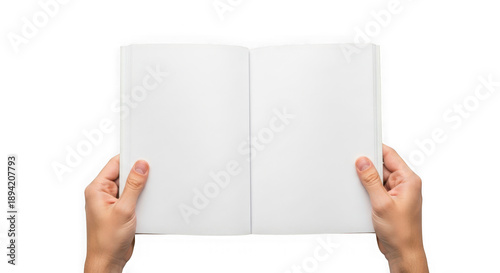 Open blank book held by hands, isolated on transparent background
